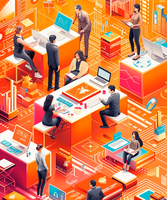 Ilustracion de equipo de WebSide trabajando en soluciones tecnológicas